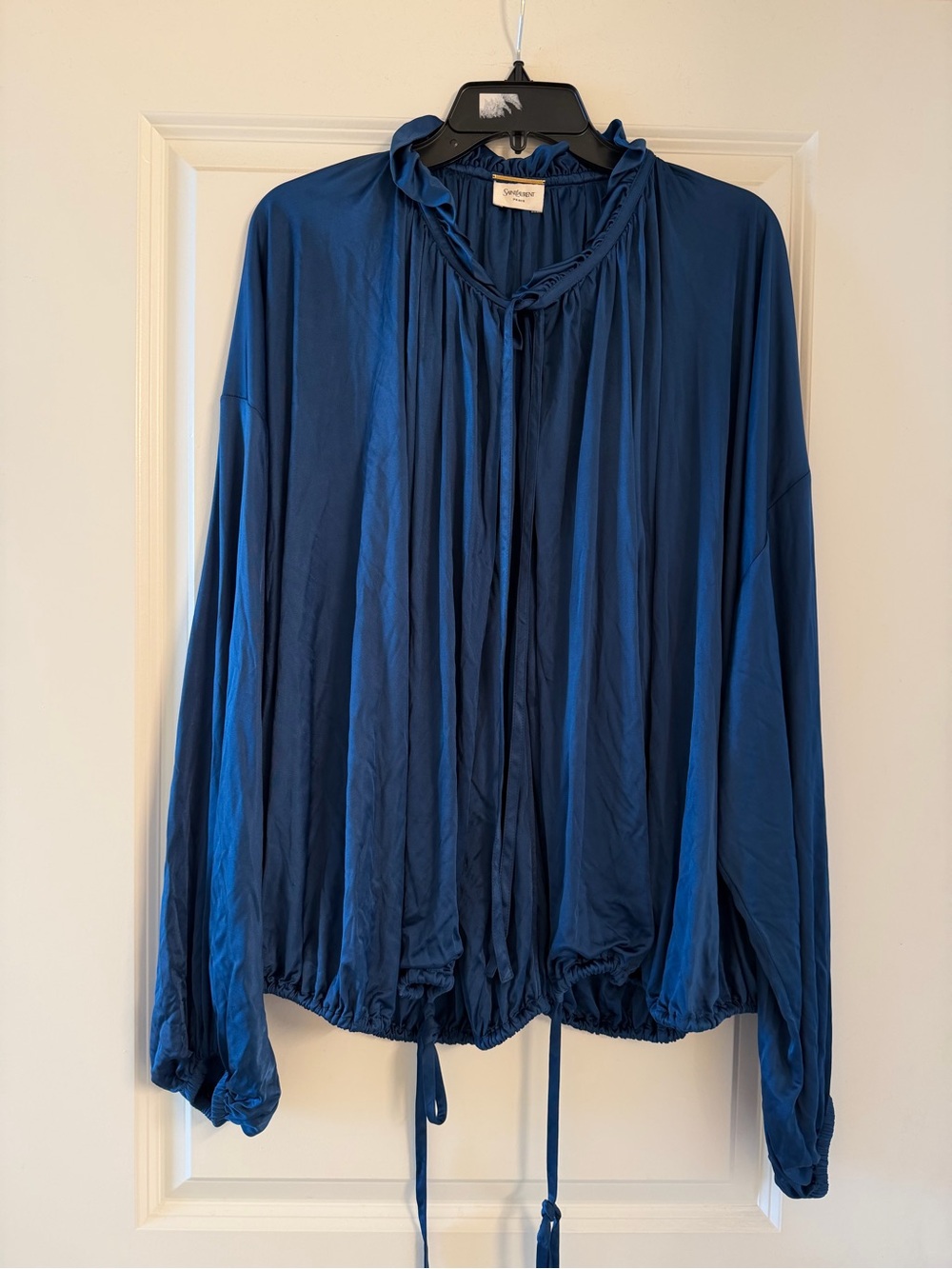 Saint Laurent Deep Blue Tie-Neck Silk Blouse